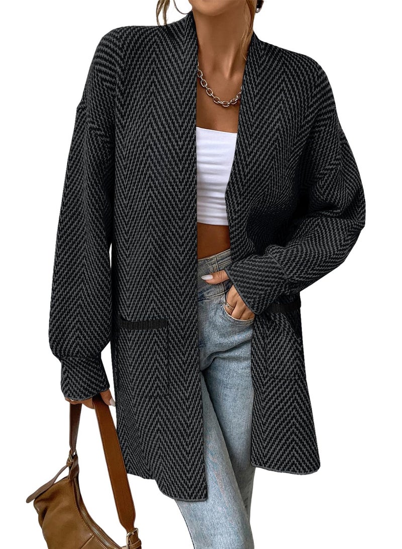 Sidefeel Cardigan for Women Long Sleeve Open Front Striped Fall Outfits Chunky Knit Oversized Sweaters Coat Black and Gray 2XL - Image 1