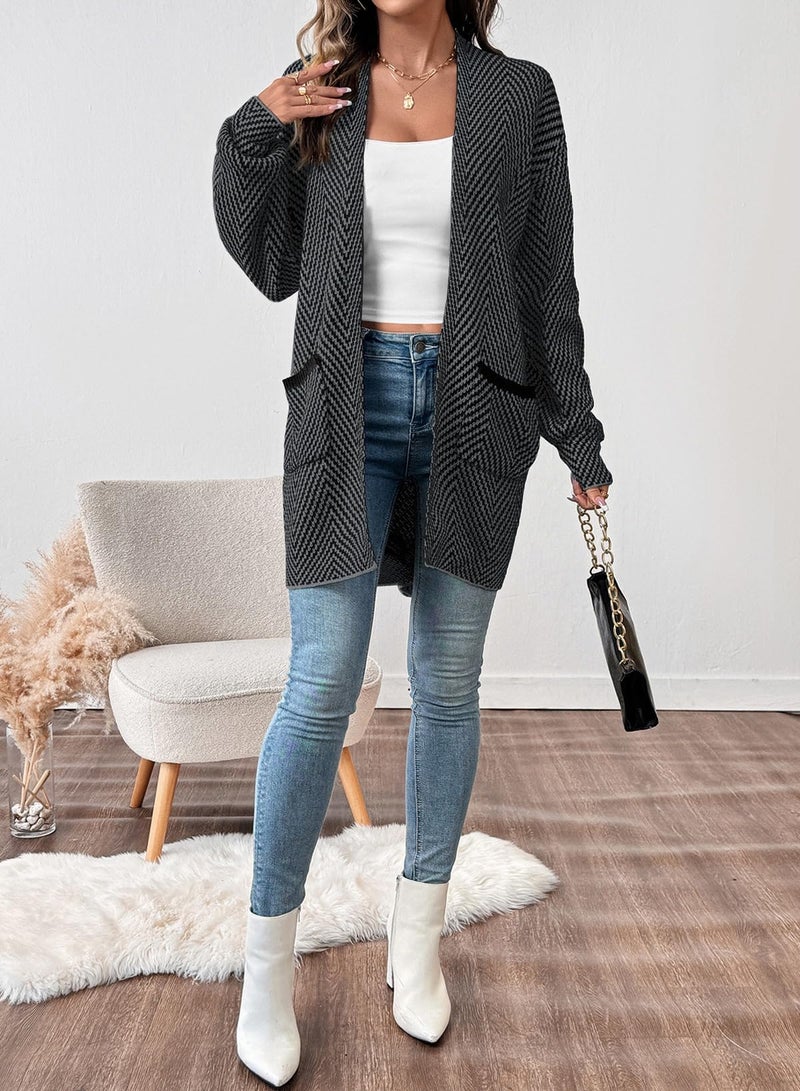 Sidefeel Cardigan for Women Long Sleeve Open Front Striped Fall Outfits Chunky Knit Oversized Sweaters Coat Black and Gray 2XL - Image 5