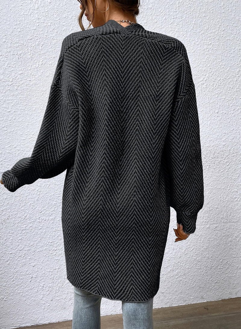Sidefeel Cardigan for Women Long Sleeve Open Front Striped Fall Outfits Chunky Knit Oversized Sweaters Coat Black and Gray 2XL - Image 2