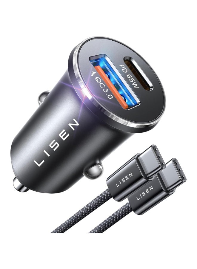 Lisen 2E791 95W Metal USB-C Car Charger – PD & QC3.0 Fast Charging Adapter with 60W Cable for iPhone 16 / Samsung S24 / MacBook / iPad (Black) - Image 1