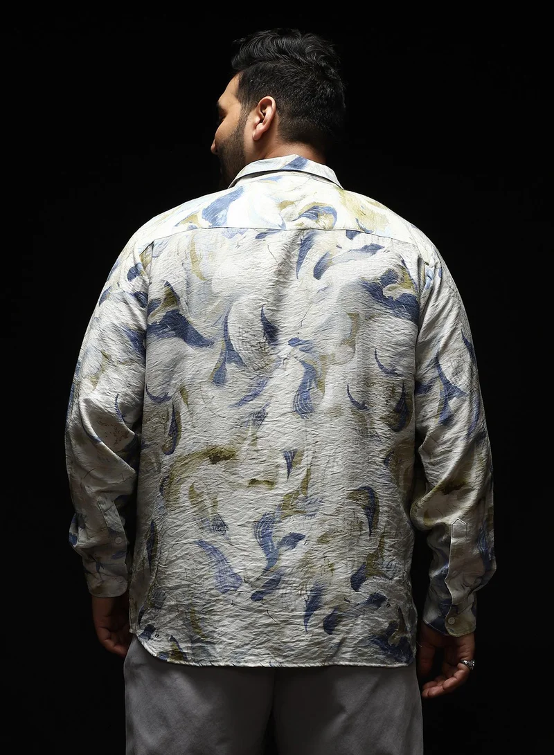 Instafab Plus  Instafab Plus Men's Off-White & Blue Waterbrush-Imprint Dobby Shirt | Spread Collar , Long Sleeves , Button Closure , Curved Hemline | Abstract Dobby Nylon Viscose For Street & Casual Wear for Men | Best Price UAE