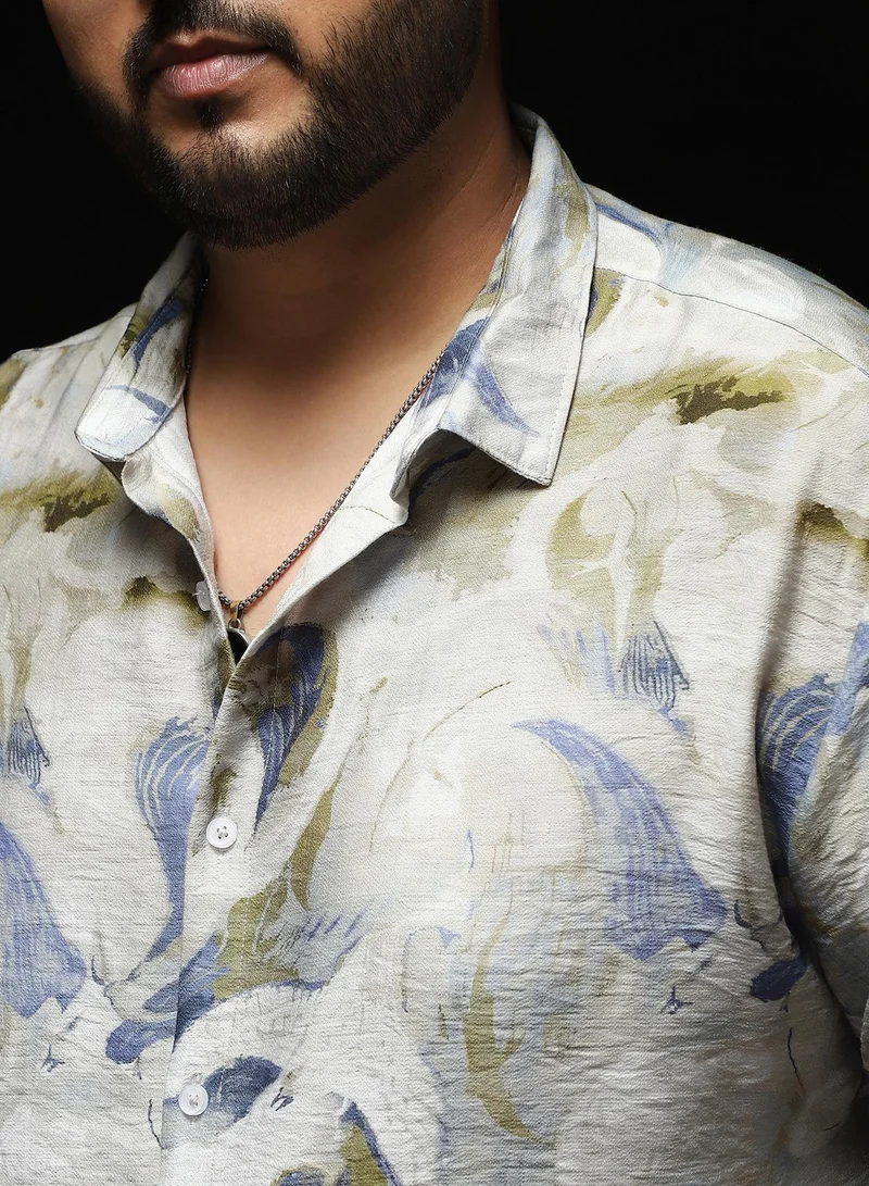 Instafab Plus  Instafab Plus Men's Off-White & Blue Waterbrush-Imprint Dobby Shirt | Spread Collar , Long Sleeves , Button Closure , Curved Hemline | Abstract Dobby Nylon Viscose For Street & Casual Wear for Men | Best Price UAE
