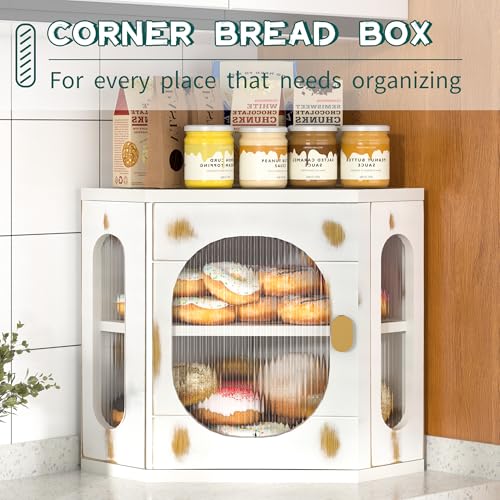 TQQDCI Corner Bread Box for Kitchen Countertop, Large Wooden Bread Box, Double Layer Bread Storage Bin, Bamboo Breadbox for Homemade Bread, Farmhouse Kitchen Organizer with Acrylic Window - Image 2