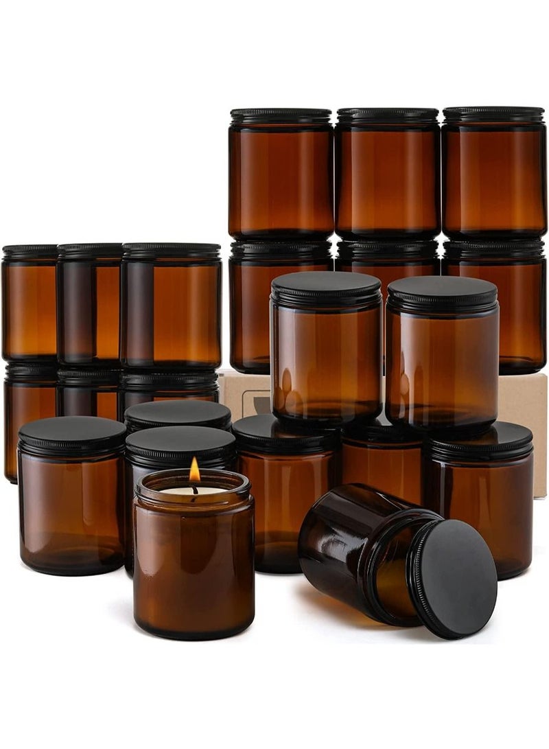 كويزيرا عبوة 12 عبوة ، عبوة زجاجية دائرية من العنبر بسمك 8 أونصة مع 12 غطاء معدني و 12 غطاء بلاستيكي - برطمان شمع فارغ وحاويات تخزين الطعام وبرطمان تعليب للتوابل والبودرة والسائل وعينة - مانعة للتسرب وآمنة في - Image 1