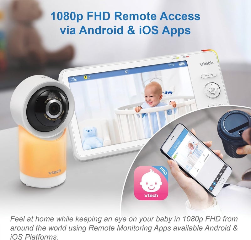 VTech RM7766-2HD Smart Wi-Fi 1080p Video Baby Monitor with 2 Cameras, 360° Pan-and-Tilt, 7 Inch Display, Night Light, and Remote Access - Image 2