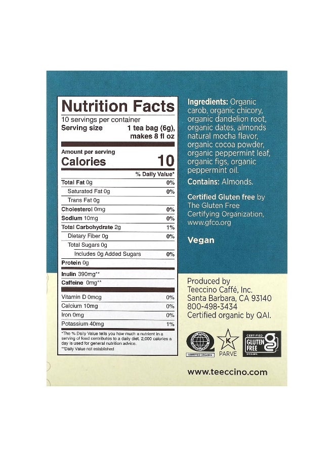 teeccino - Teeccino, Roasted Herbal Tea, Dandelion Mocha Mint, Caffeine Free, 10 Tea Bags, 2.12 oz (60 g) - Image 1