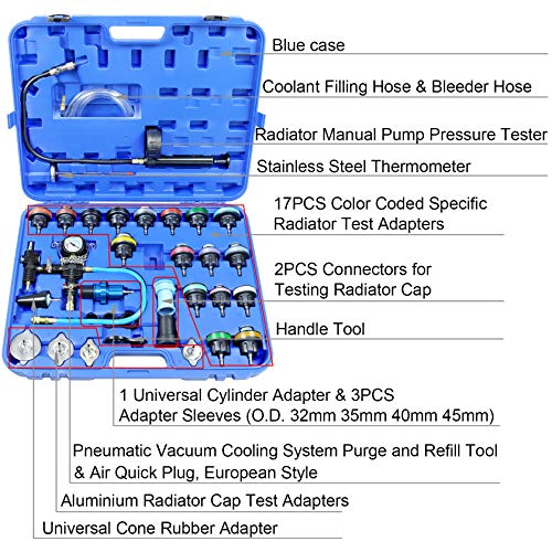 YSTOOL Radiator Pressure Tester Coolant Vacuum Refill Kit 33PCS Automotive Cooling System Leak Test Pneumatic Water Tank Purge Fill Tool Set with Gauge Adapter Cap Universal for Auto Car Airlift - Image 2