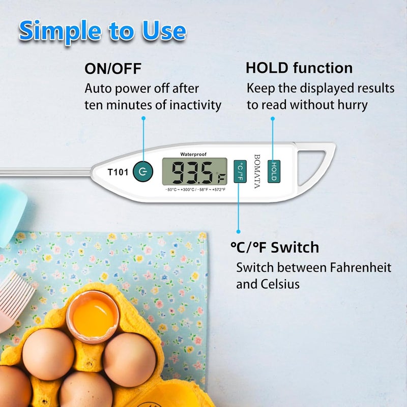 BOMATA Waterproof IPX7 Thermometer for Water, Liquid, Candle and Cooking. Instant Read Food Thermometer with Long Probe for Cooking, Meat, BBQ! T101 White - Image 5