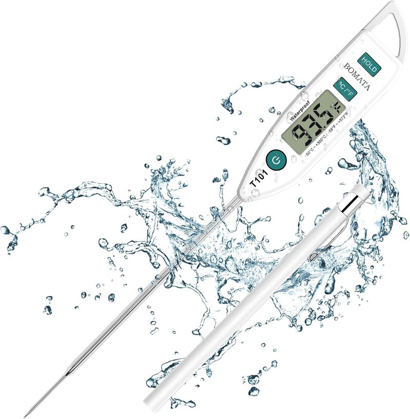 BOMATA Waterproof IPX7 Thermometer for Water, Liquid, Candle and Cooking. Instant Read Food Thermometer with Long Probe for Cooking, Meat, BBQ! T101 White - Image 1