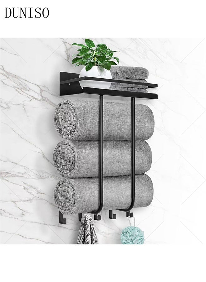 DUNISO Wall Mounted Towel Rack Multi Functional Black Towel Shelf Organiser with Shelf and 5 Hooks High Capacity Adjustable Bathroom Towel Holder Storage for Folded or Rolled Large Towels - Image 1
