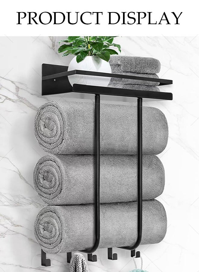 DUNISO Wall Mounted Towel Rack Multi Functional Black Towel Shelf Organiser with Shelf and 5 Hooks High Capacity Adjustable Bathroom Towel Holder Storage for Folded or Rolled Large Towels - Image 2
