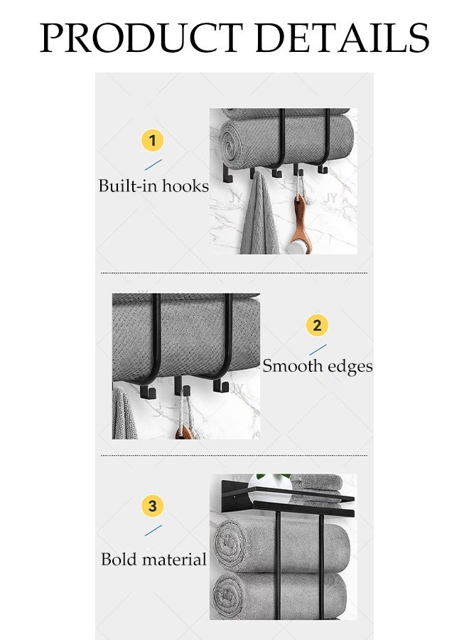 DUNISO Wall Mounted Towel Rack Multi Functional Black Towel Shelf Organiser with Shelf and 5 Hooks High Capacity Adjustable Bathroom Towel Holder Storage for Folded or Rolled Large Towels - Image 3