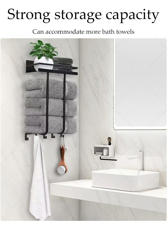 DUNISO Wall Mounted Towel Rack Multi Functional Black Towel Shelf Organiser with Shelf and 5 Hooks High Capacity Adjustable Bathroom Towel Holder Storage for Folded or Rolled Large Towels - Image 5