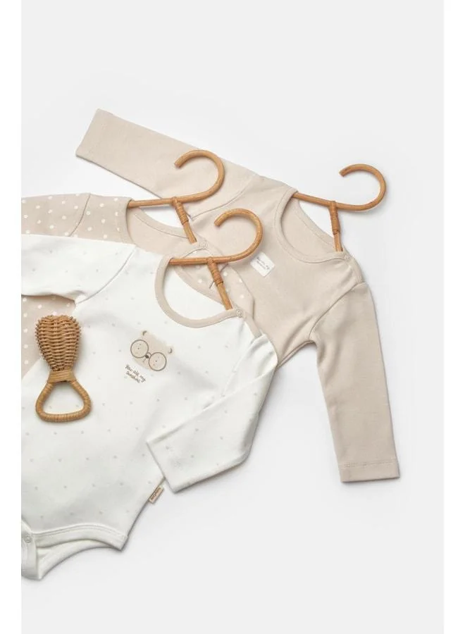 Magu Unisex Baby Cotton Beige Polka Dot 3-Piece Long-Sleeve Bodysuit Set - Bear Print