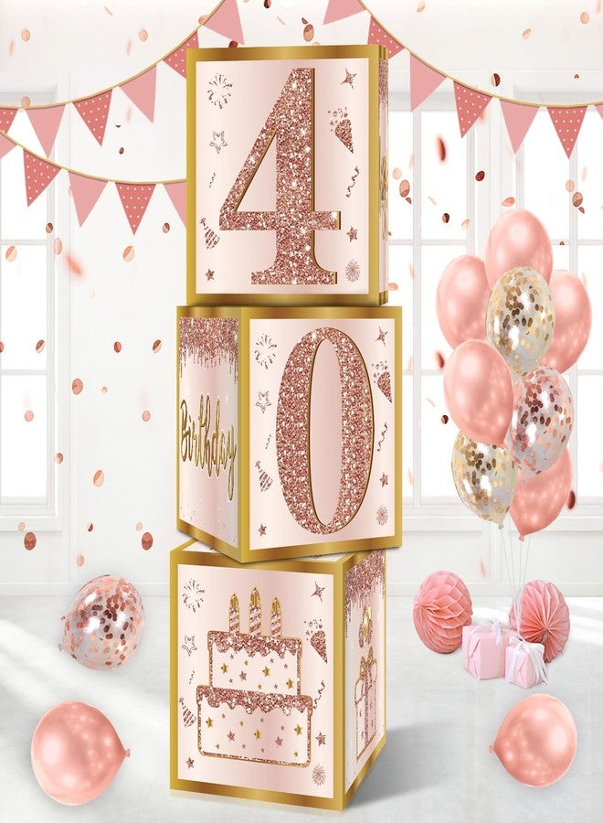 Guiruiy 3Pcs 40th Birthday Decorations Boxes for Women, Pink Rose Gold 40th Birthday Balloons Boxes Party Supplies, Pink Forty Year Old Bday Theme Cardboard Box Decor - Image 1