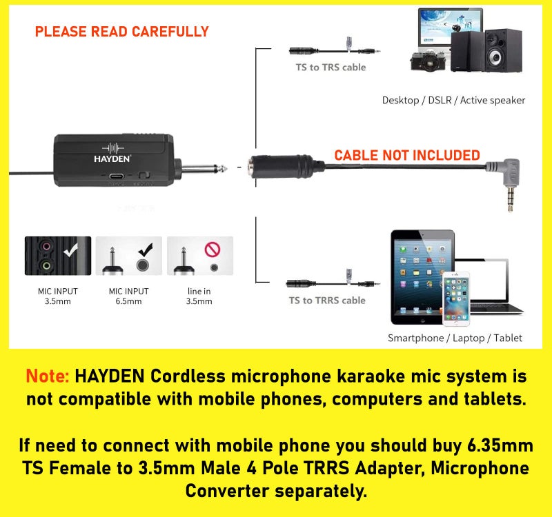 Hayden HY-58 Wireless Mic, Microphone, UHF Karaoke Dynamic mic with Type C Rechargeable Receiver & Hand Mike System 6.35mm Jack, 30-50 Meter Cordless Range (Single Microphone) - Image 2
