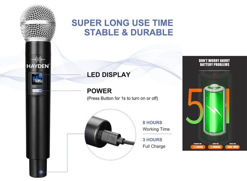 Hayden HY-58 Wireless Mic, Microphone, UHF Karaoke Dynamic mic with Type C Rechargeable Receiver & Hand Mike System 6.35mm Jack, 30-50 Meter Cordless Range (Single Microphone) - Image 4