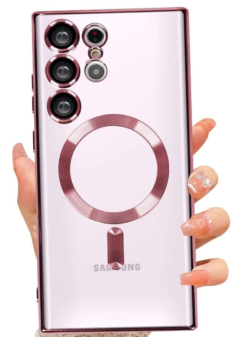 إلترازون Magnetic Clear Case for Samsung Galaxy S23 Ultra 5G with Camera Lens Protector, Compatible with MagSafe, Electroplated Slim Shockproof Phone Protective Cover for Women Men (Pink) - Image 1