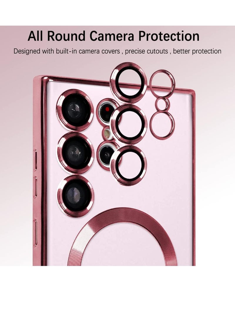 إلترازون Magnetic Clear Case for Samsung Galaxy S23 Ultra 5G with Camera Lens Protector, Compatible with MagSafe, Electroplated Slim Shockproof Phone Protective Cover for Women Men (Pink) - Image 4