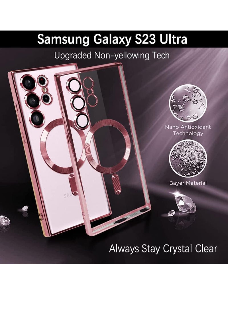 إلترازون Magnetic Clear Case for Samsung Galaxy S23 Ultra 5G with Camera Lens Protector, Compatible with MagSafe, Electroplated Slim Shockproof Phone Protective Cover for Women Men (Pink) - Image 3