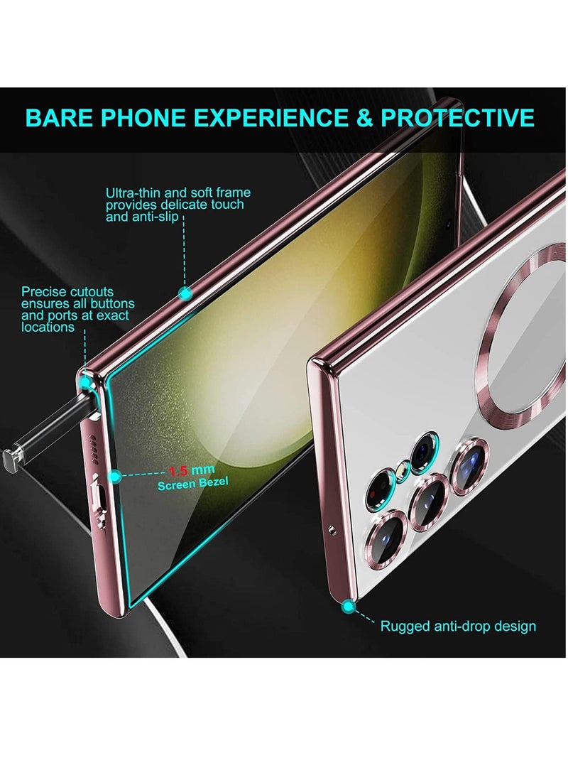 إلترازون Magnetic Clear Case for Samsung Galaxy S23 Ultra 5G with Camera Lens Protector, Compatible with MagSafe, Electroplated Slim Shockproof Phone Protective Cover for Women Men (Pink) - Image 5