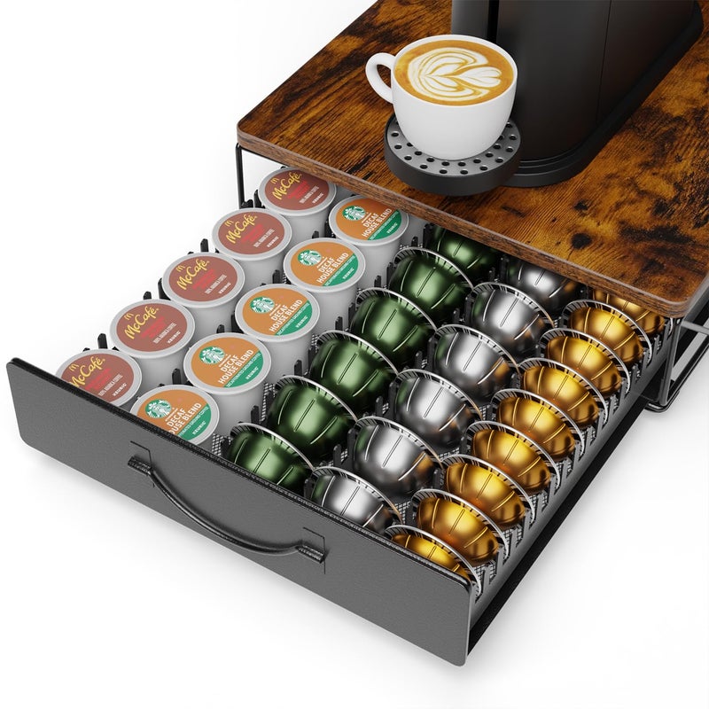HFHOME Vertuo Pod Holder, Compatible for Nespresso Vertuoline 40 Big or 60 Small Capsules, Wooden Top and Mesh Shelves, Kitchen Counter Coffee Bar Station Organizer with Sliding Drawer, Rustic Brown - Image 1