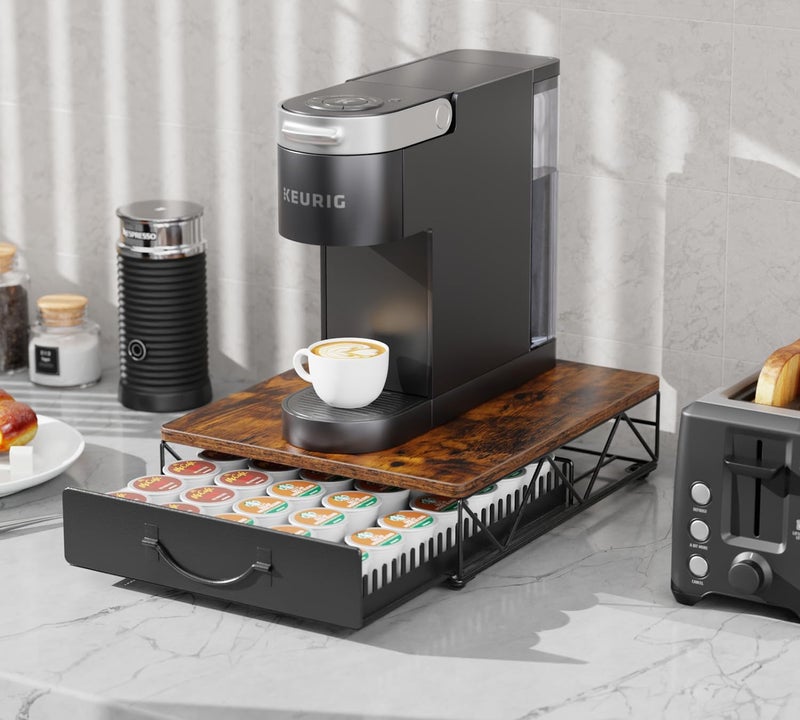 HFHOME Vertuo Pod Holder, Compatible for Nespresso Vertuoline 40 Big or 60 Small Capsules, Wooden Top and Mesh Shelves, Kitchen Counter Coffee Bar Station Organizer with Sliding Drawer, Rustic Brown - Image 5