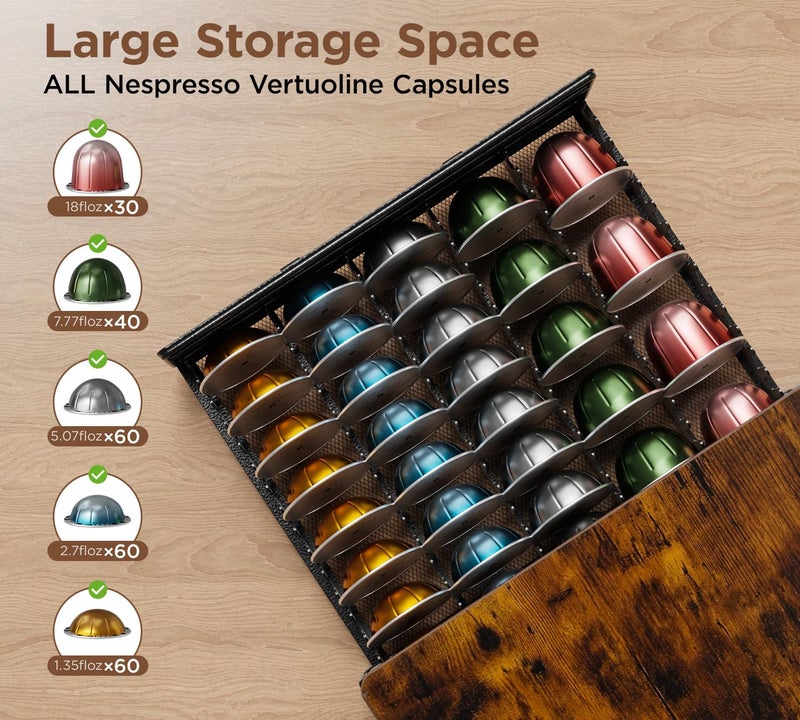 HFHOME Vertuo Pod Holder, Compatible for Nespresso Vertuoline 40 Big or 60 Small Capsules, Wooden Top and Mesh Shelves, Kitchen Counter Coffee Bar Station Organizer with Sliding Drawer, Rustic Brown - Image 3
