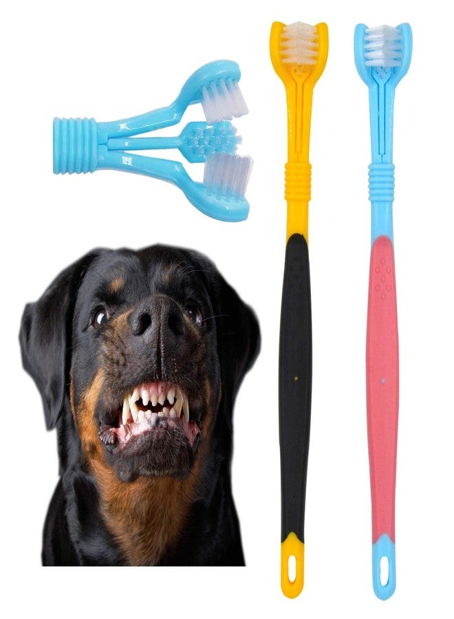 OperSeven Dog Toothbrushs, 2pcs Blue Yellow, Suitable for Adult Dogs, Three Sided Design for Easy Teeth Cleaning - Image 1