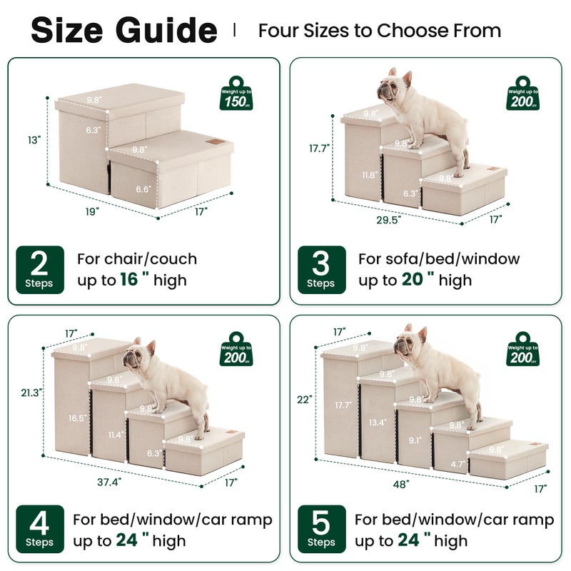 Love's cabin Dog Stairs for High Bed 18" H, Foldable Pet Stairs for Small Medium or Large Dogs Puppy with Storage for Bed or Couch, Cat Dog Steps Ramp with Zip up to 200 lbs, Beige, 3 Steps - Image 2