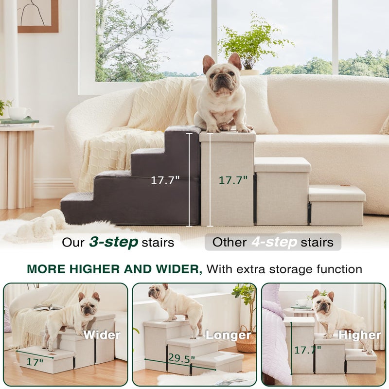 Love's cabin Dog Stairs for High Bed 18" H, Foldable Pet Stairs for Small Medium or Large Dogs Puppy with Storage for Bed or Couch, Cat Dog Steps Ramp with Zip up to 200 lbs, Beige, 3 Steps - Image 3