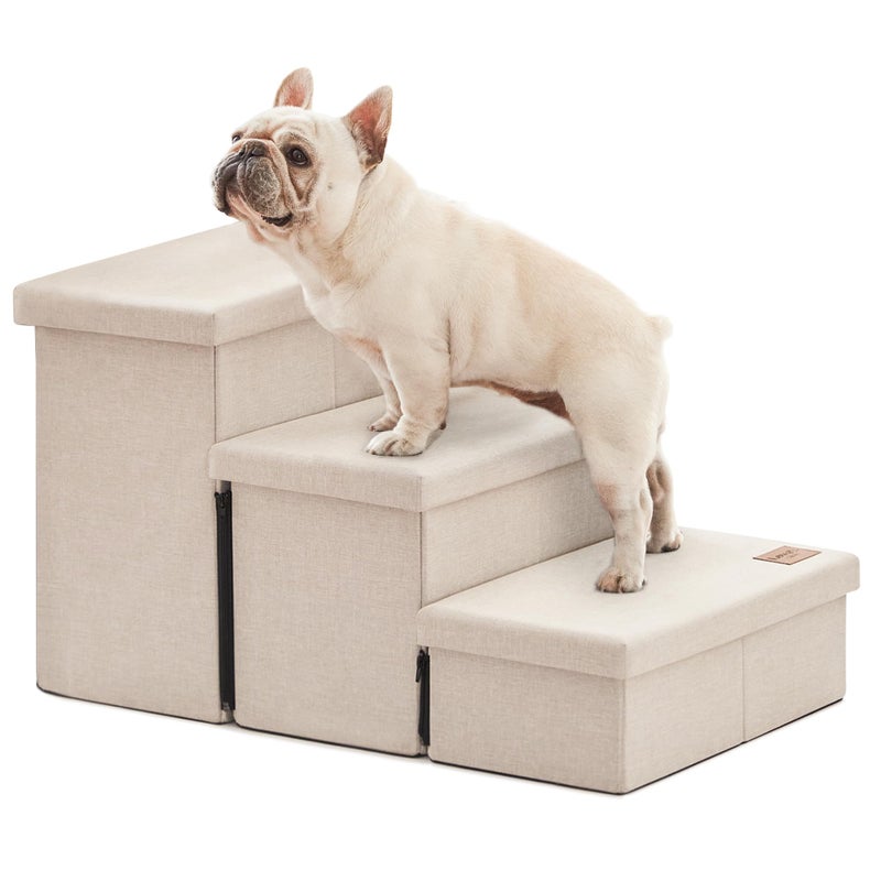 Love's cabin Dog Stairs for High Bed 18" H, Foldable Pet Stairs for Small Medium or Large Dogs Puppy with Storage for Bed or Couch, Cat Dog Steps Ramp with Zip up to 200 lbs, Beige, 3 Steps - Image 1