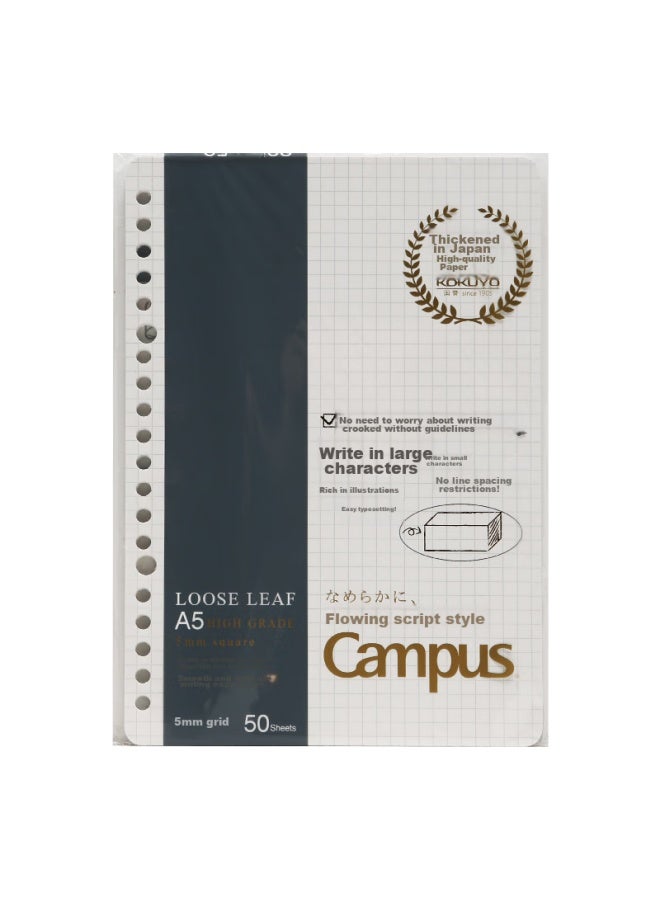 Kokuyo A5 Loose-Leaf Paper, Campus Refill Notebook, Loose-Leaf Paper Inner Pages, Premium Grade, 5Mm Grid, 50 Sheets Per Book, Wcn-Clh3514 - Image 2