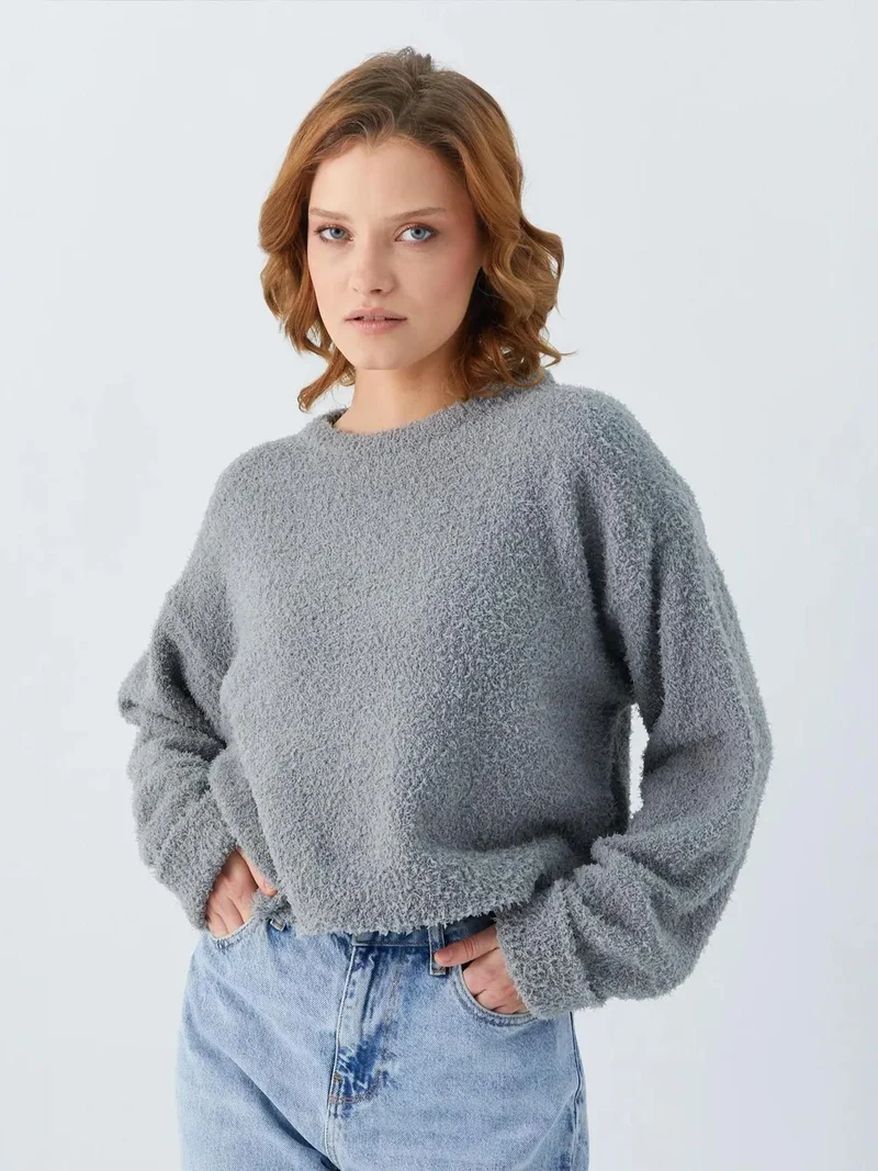 MixRay Mixray Plush Textured Crop Knit Sweater