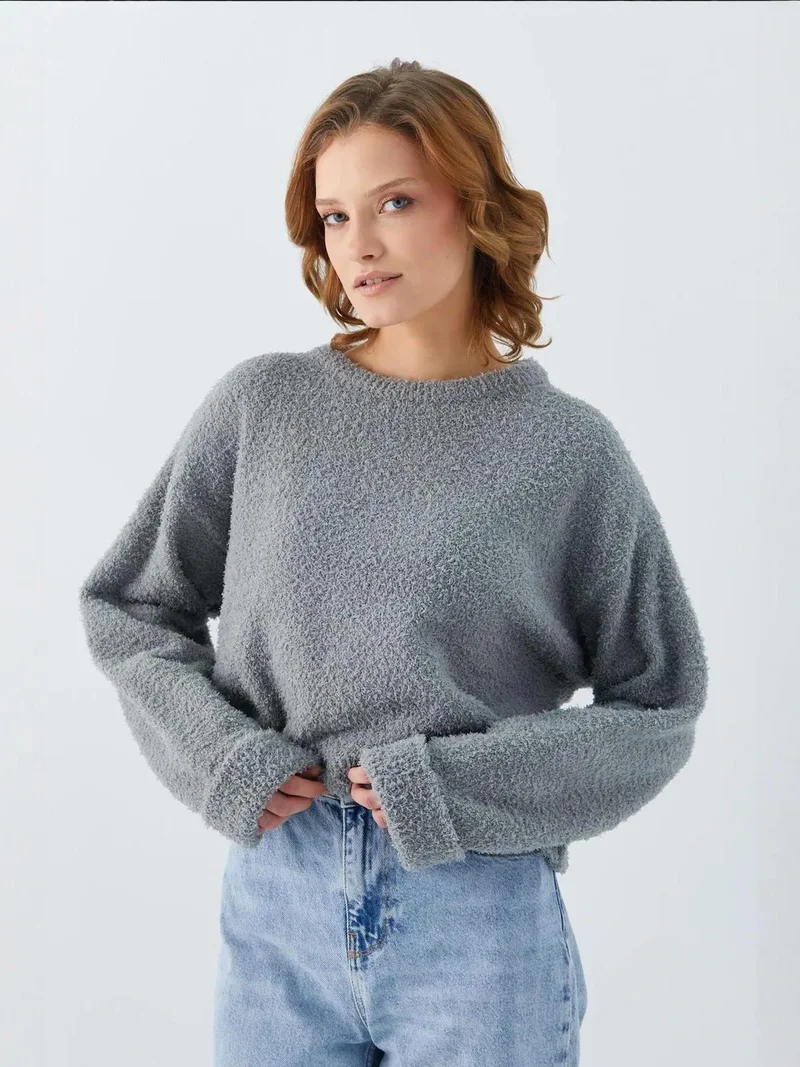 MixRay Mixray Plush Textured Crop Knit Sweater