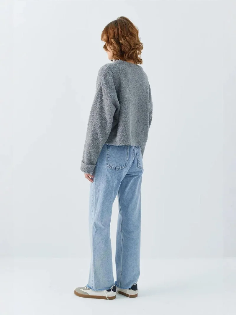 Mixray Grey Mixray Plush Textured Crop Knit Sweater for Women | Best Price UAE