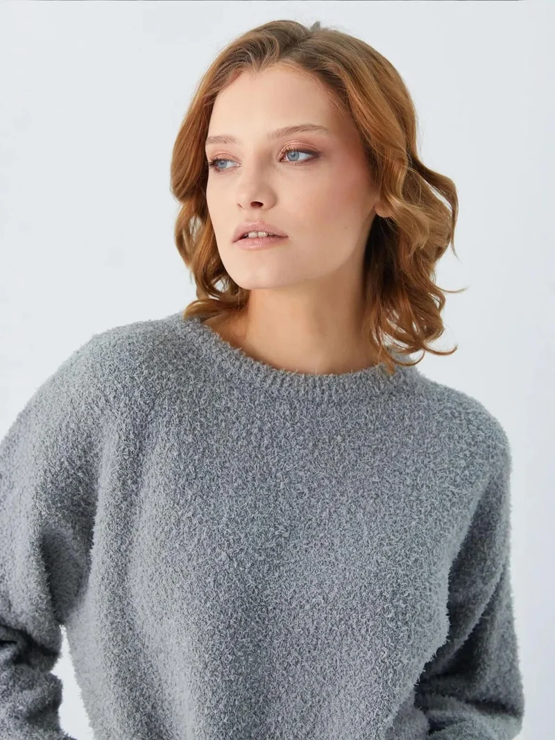 Mixray Grey Mixray Plush Textured Crop Knit Sweater for Women | Best Price UAE