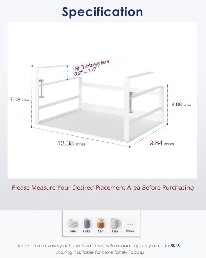 Nxconsu 2Pack Under Shelf Storage Basket Organizer Hanging Holder for Kitchen Cabinet Pantry Cupboard Closet Desk Bookshelf Organization Space Saver Heavy Duty Slide-in Adjustable Mounting Clamp White - Image 2