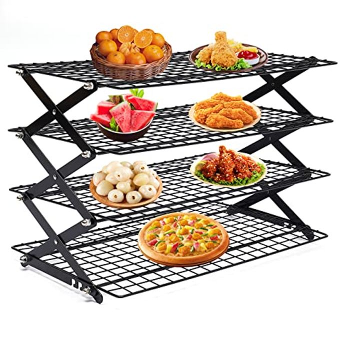 DMSIDN 4-Tier Collapsible Cooling Rack, Adjustable Stackable Roasting Cooking Drying Wire, Barbecue Storage Display Shelf for Cookies Baking Picnic Party