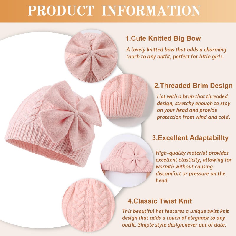 JANGANNSA Winter Warm Knitted Baby Hat for Girls Cotton Lined Infant Toddler Hat Autumn Cute Bow Classic Girls Beanie 0-6Y(M,Pink) - Image 4