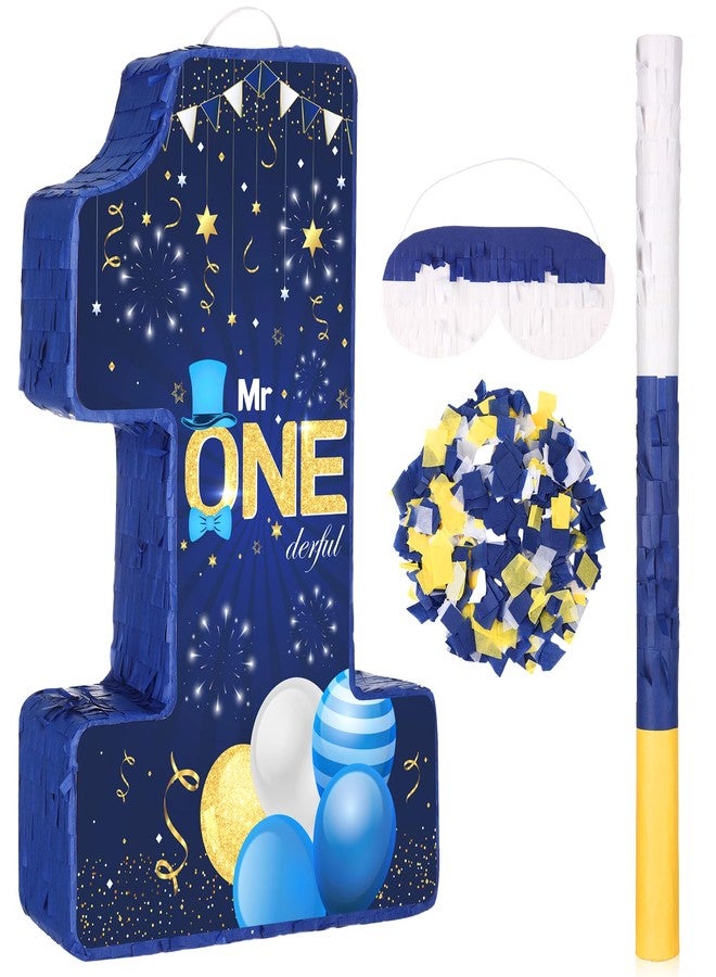 Yoirrat Mr. Onederful Piñata Number 1 Piñata for 1st Birthday Party Decorations Navy Blue Gold One Birthday Piñata with Blindfold Mask Stick Confetti for Boys Little Man First Birthday Party Supplies Favors - Image 1