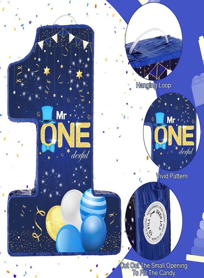 Yoirrat Mr. Onederful Piñata Number 1 Piñata for 1st Birthday Party Decorations Navy Blue Gold One Birthday Piñata with Blindfold Mask Stick Confetti for Boys Little Man First Birthday Party Supplies Favors - Image 3