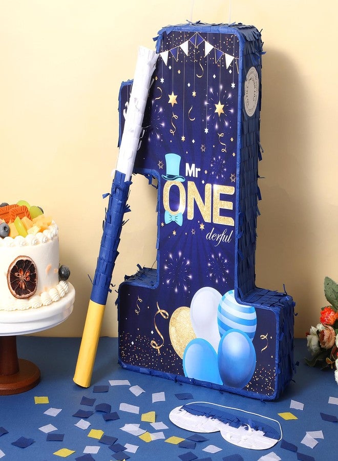 Yoirrat Mr. Onederful Piñata Number 1 Piñata for 1st Birthday Party Decorations Navy Blue Gold One Birthday Piñata with Blindfold Mask Stick Confetti for Boys Little Man First Birthday Party Supplies Favors - Image 4