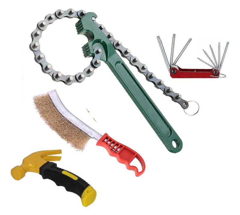 Digital Craft 4 Item Combo 9Inch MultiPurpose Motorcycle Car Engine Oil Filter Chain Wrench Spanner Removal Tool 225 Adjustable Wrench With Chain Wrench Hand Brush Mini Hammer Folding Trox Allen Key - Image 1