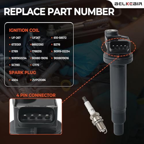BELKEBIR Set of 6 Ignition Coil Pack & Iridium Spark Plugs Compatible with V6 3.0L 3.3L 2000-2008 Toyota Avalon Camry Highlander Sienna Solara, 1999-2008 Lexus RX300 RX330 ES300 ES330 RX400h Replace UF267 - Image 3
