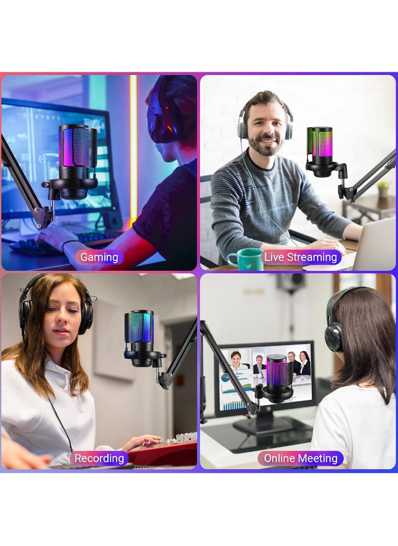 USB PC Gaming Microphone with RGB Light. Condenser Microphone with Mute Button, Volume Control, 3.5mm Headphone Jack. Compatible with Windows, Mac OS, Smartphones