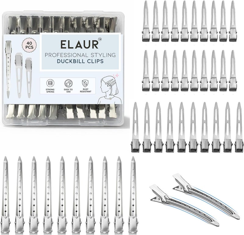 ELAUR 40 Professional Alligator Clips for Hair Styling - 3 Sizes Aluminum Hair Section Clips for Salon & Makeup Applications | Rustless, Lightweight for Stylists & Home Use - Silver - Image 1
