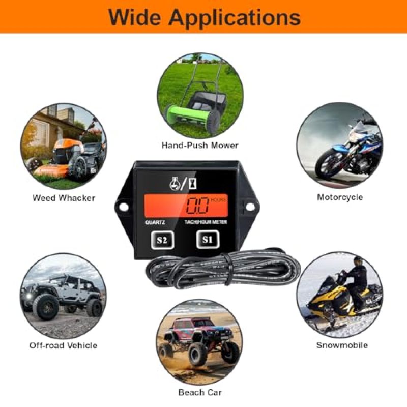 مقياس RPM رقمي بشاشة LCD مضيئة للمحركات الصغيرة - عداد دورات حثي دقيق من 10 إلى 30600 دورة في الدقيقة - إنذارات توقيت الصيانة لضبط المناشير الجنزيرية وجزازات العشب - Image 5