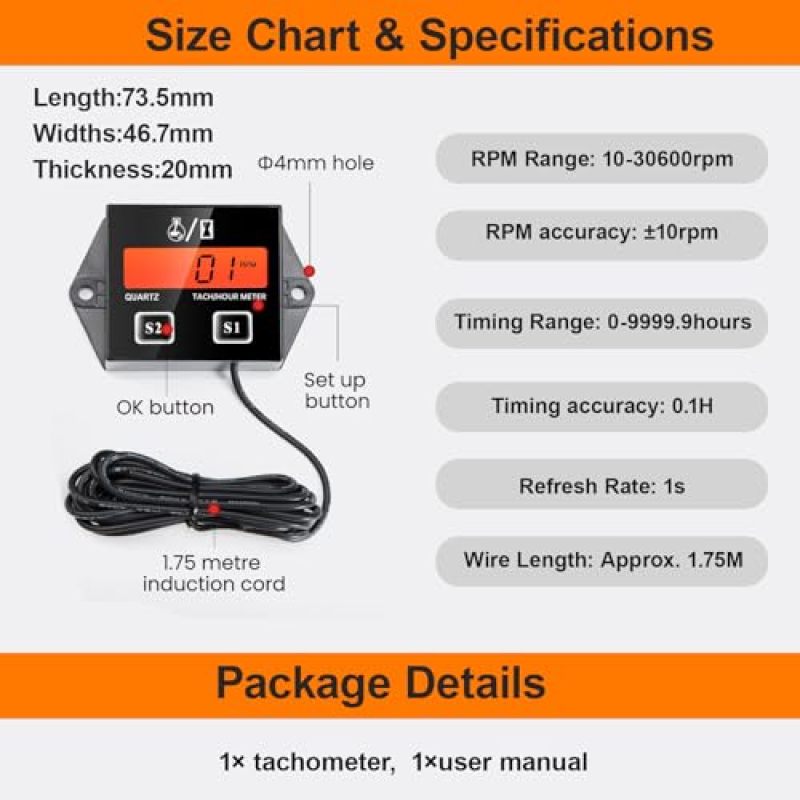 مقياس RPM رقمي بشاشة LCD مضيئة للمحركات الصغيرة - عداد دورات حثي دقيق من 10 إلى 30600 دورة في الدقيقة - إنذارات توقيت الصيانة لضبط المناشير الجنزيرية وجزازات العشب - Image 4