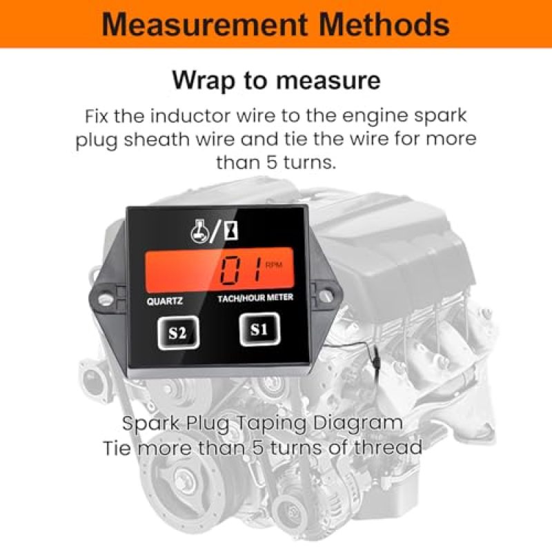 مقياس RPM رقمي بشاشة LCD مضيئة للمحركات الصغيرة - عداد دورات حثي دقيق من 10 إلى 30600 دورة في الدقيقة - إنذارات توقيت الصيانة لضبط المناشير الجنزيرية وجزازات العشب - Image 2
